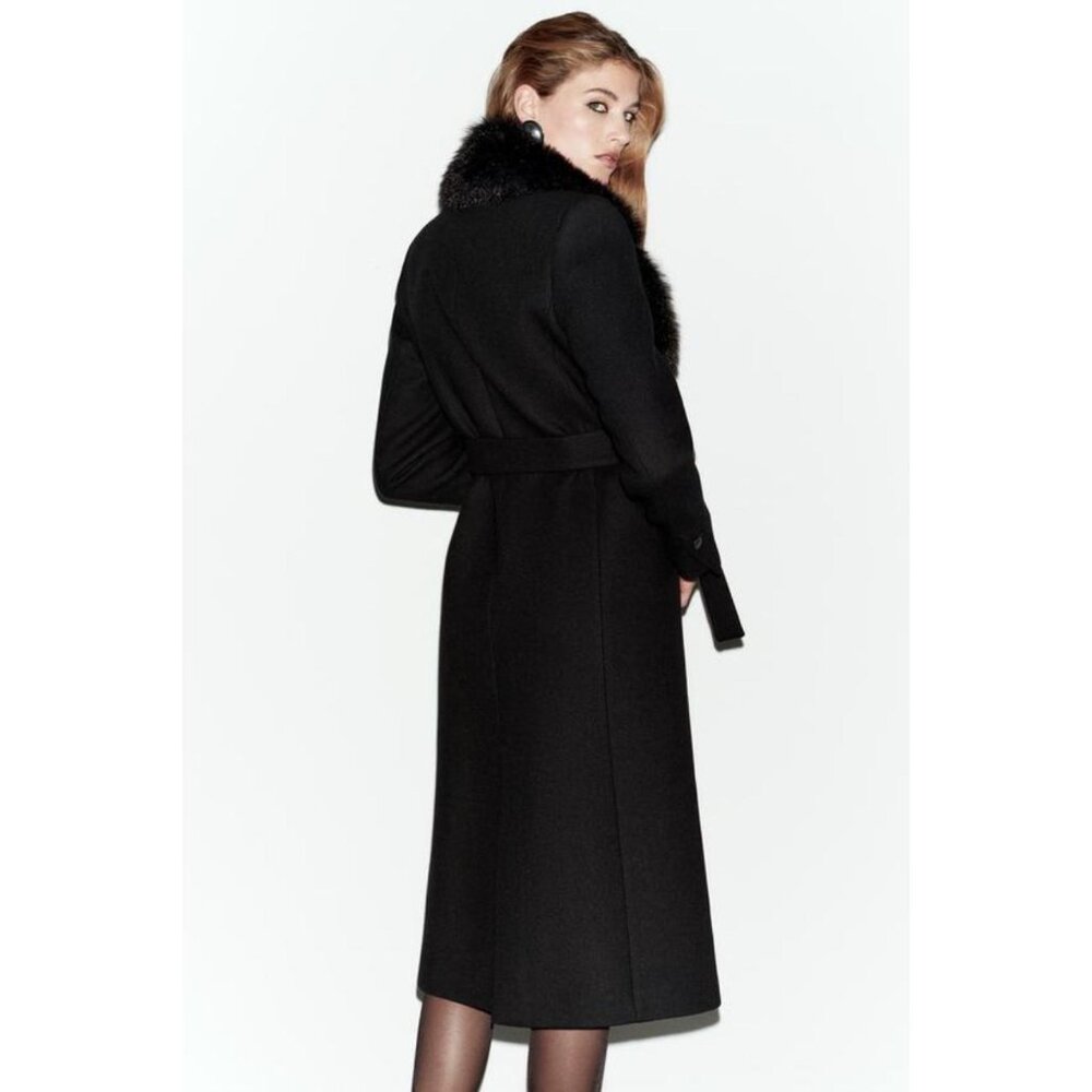 ZARA WOOL COAT WITH FAUX FUR COLLAR AND BELT